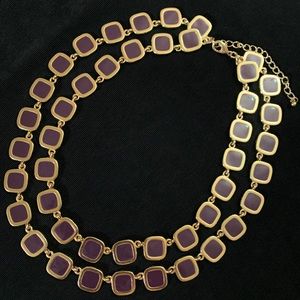 Vtg Plum Purple Enamel Colorblock Double Layering Gold Statement Necklace 14”adj